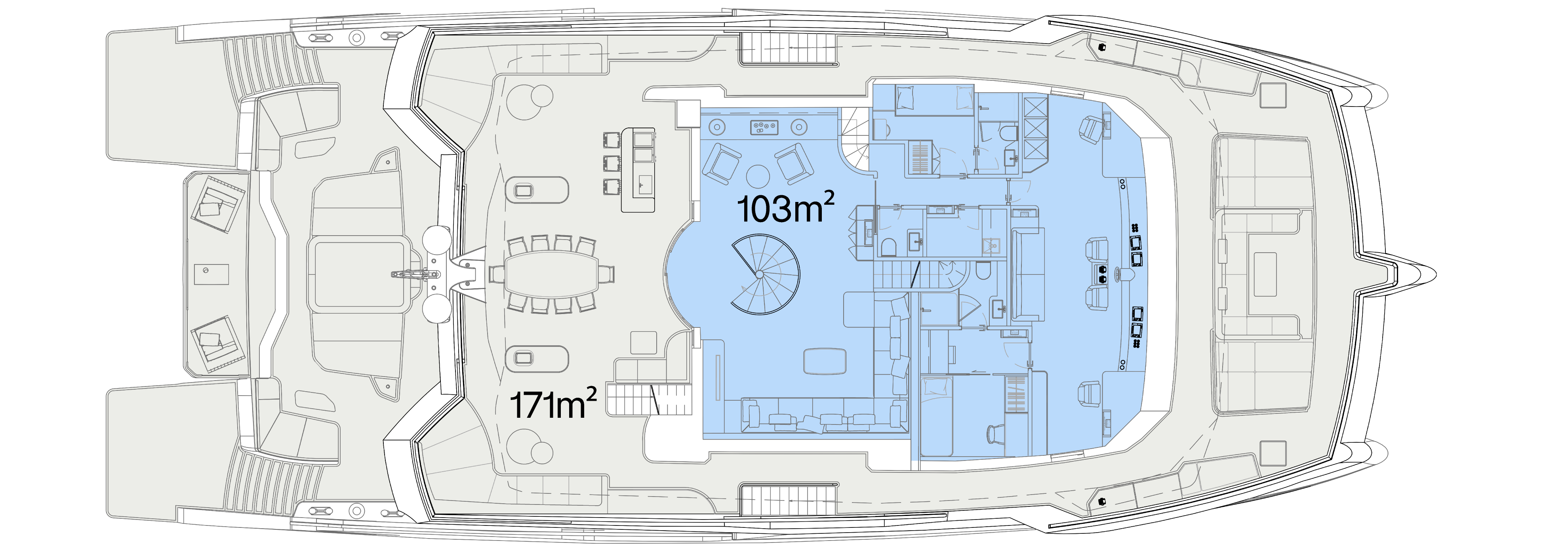 Upper deck plan of a Silent 120 yacht with measures