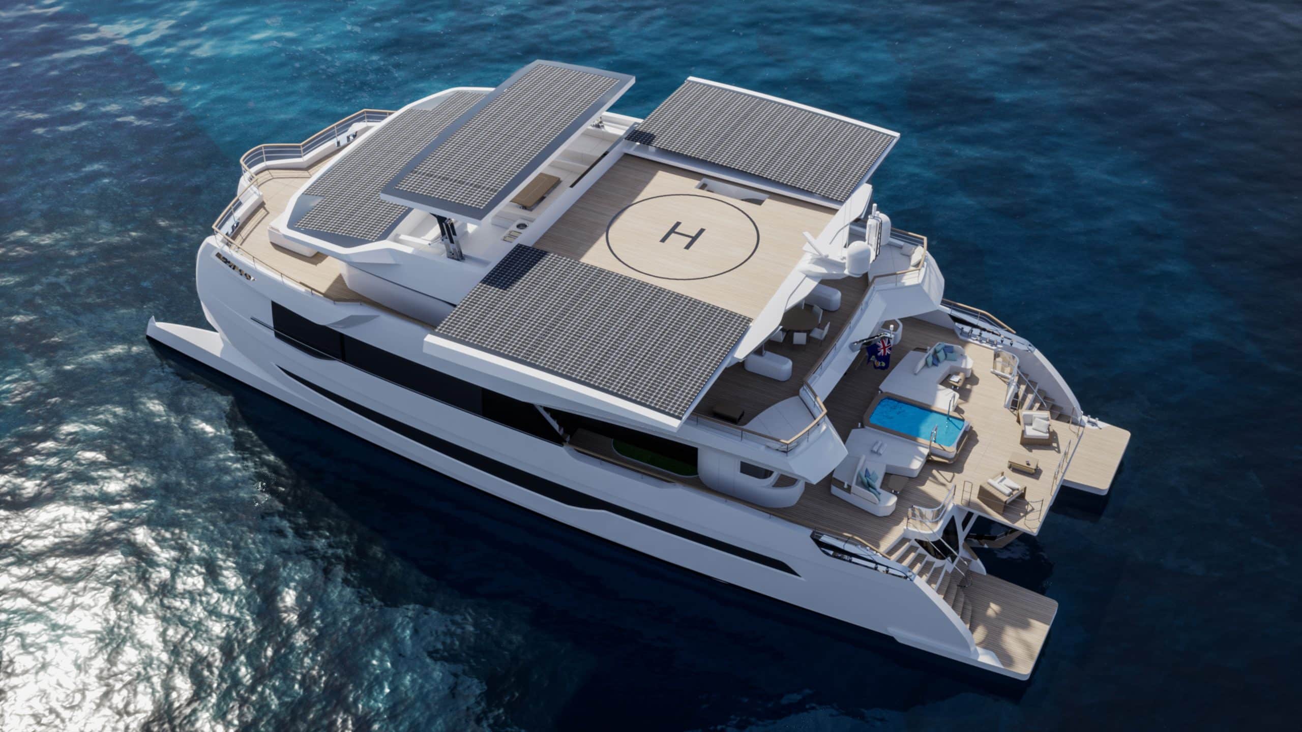 Yacht with solar panels on the upper deck and a helipad in the center