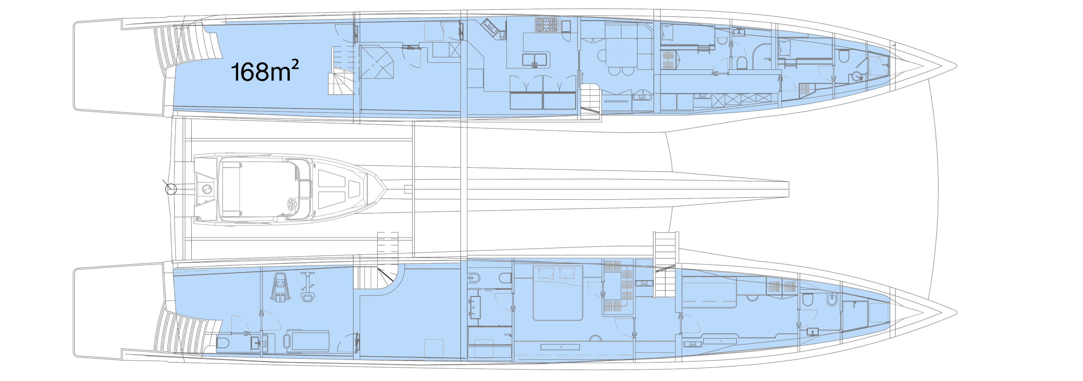 Lower deck plan of a Silent 120 yacht with measures