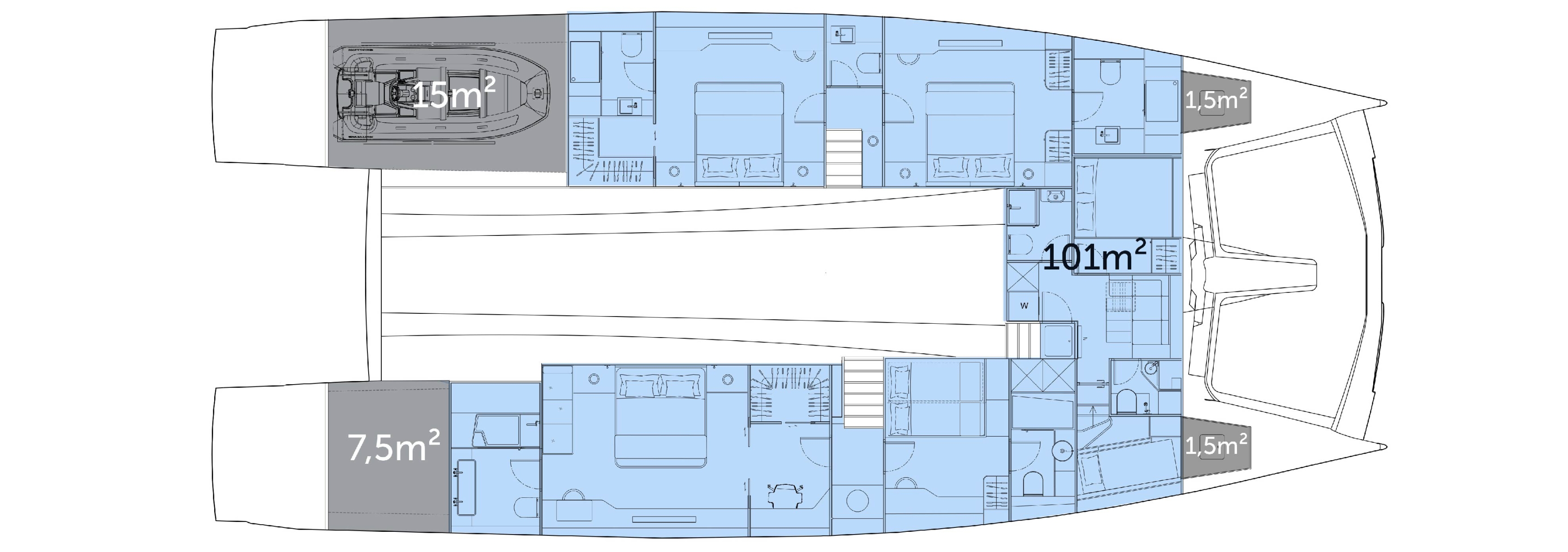 Silent 80 catamaran 6 cabins lower deck area plan