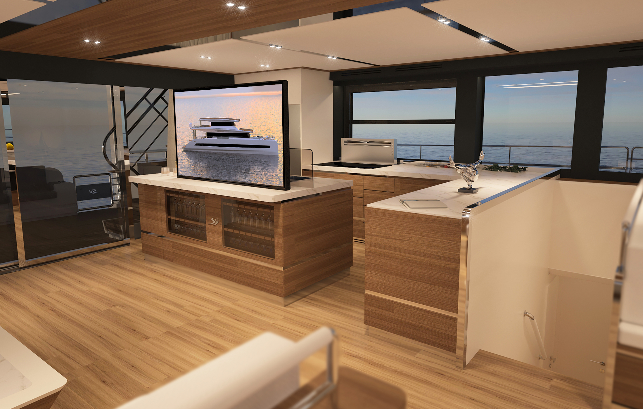 Main deck saloon with a big TV in a solar powered yacht