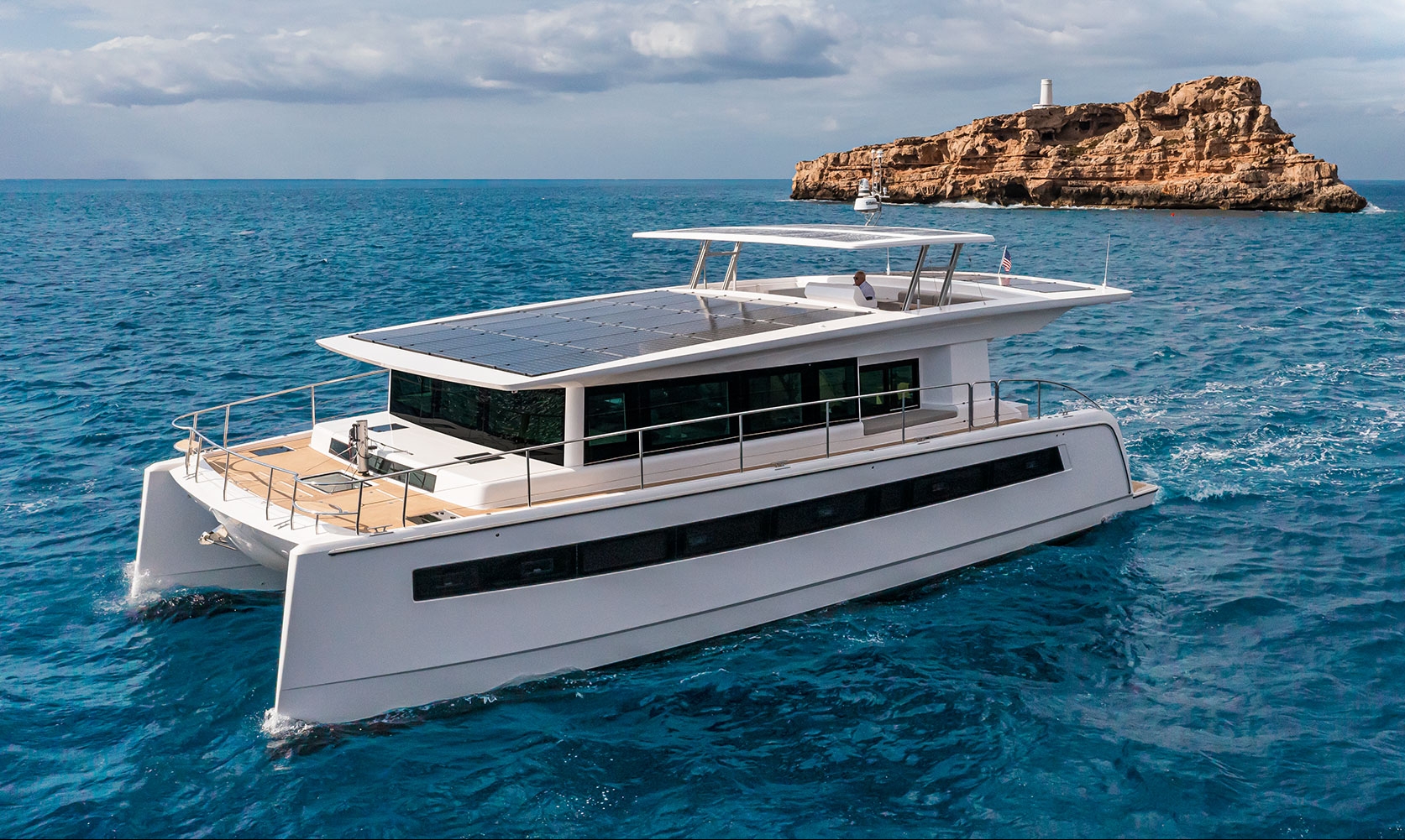 self-sufficient yacht with solar panels on the roof