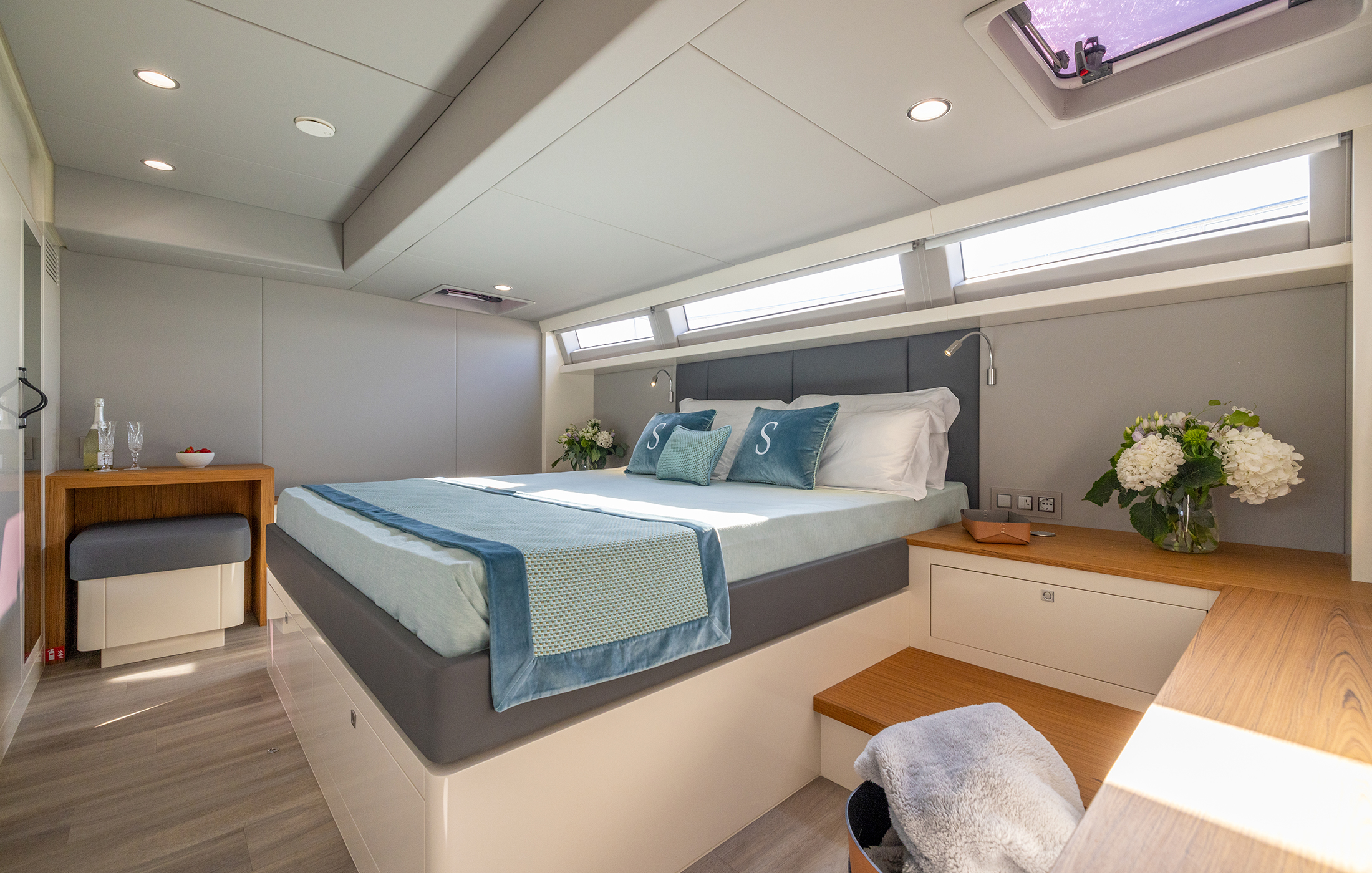 Yachts main cabin with an extra large double bed