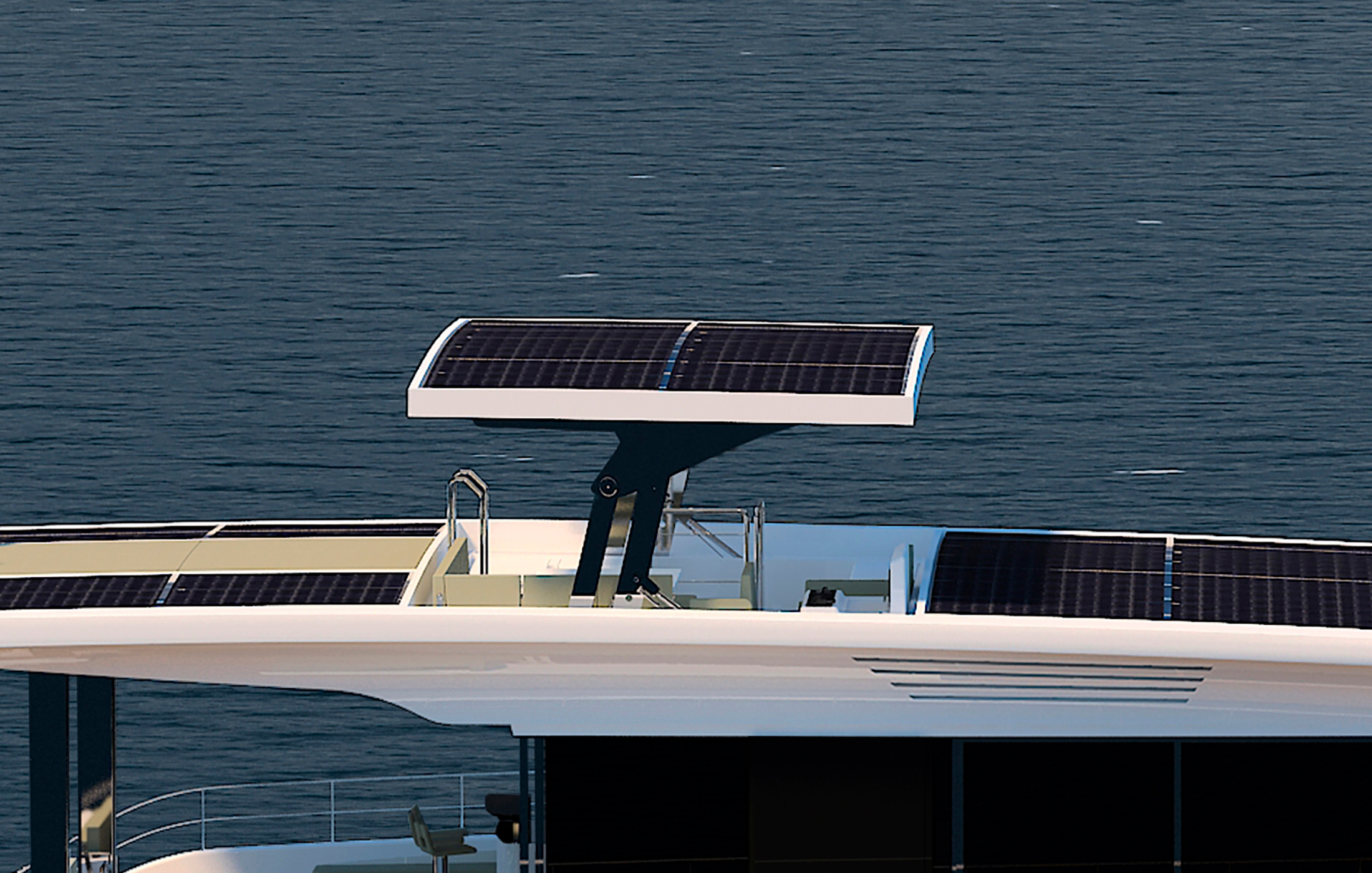 Solar panels on the flybridge of a yacht