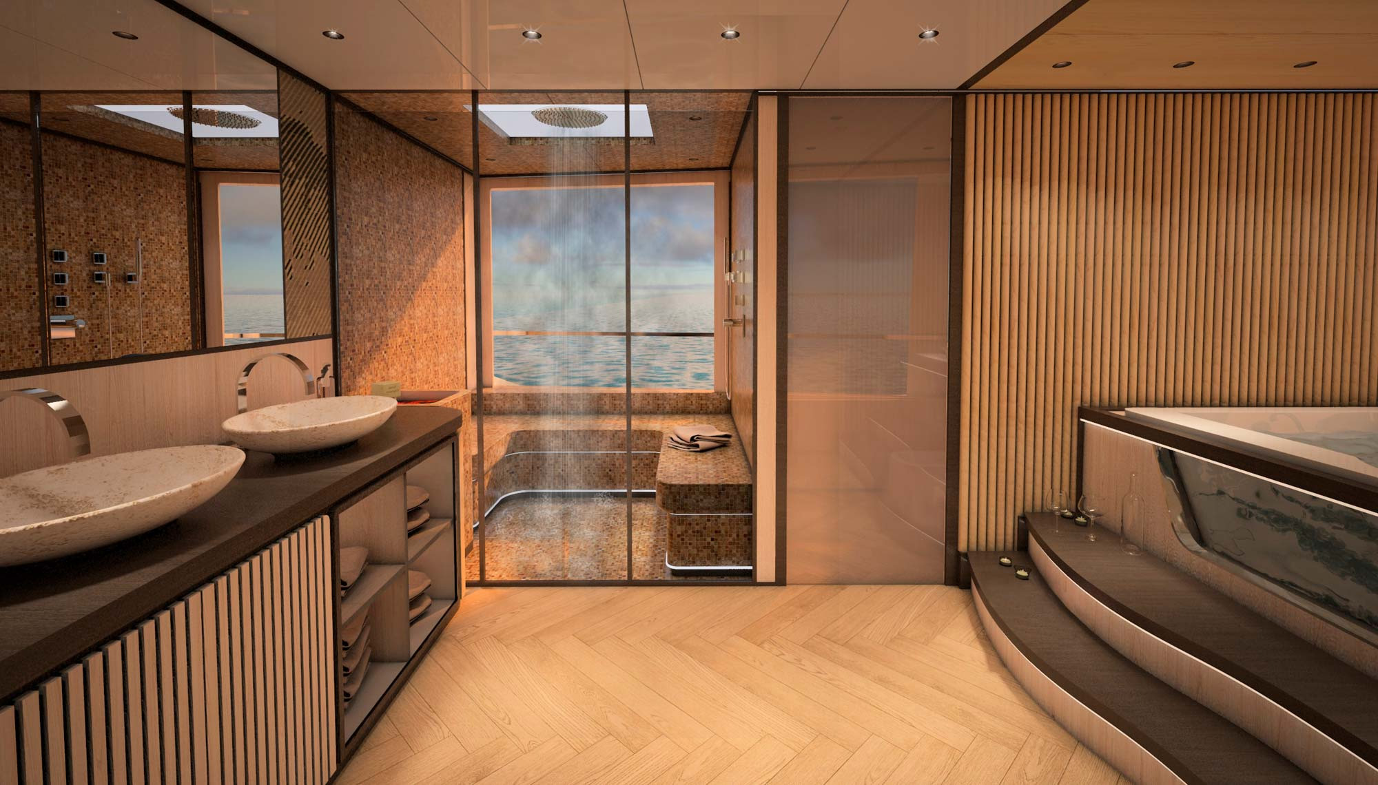 Luxurious yacht bathroom with a jacuzzi and a sauna