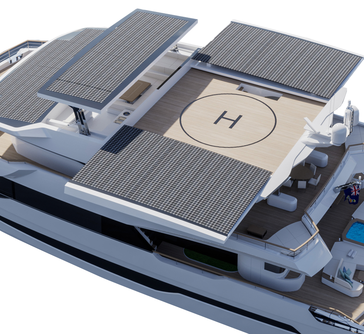 Helipad of a catamaran with solar panels in the roof
