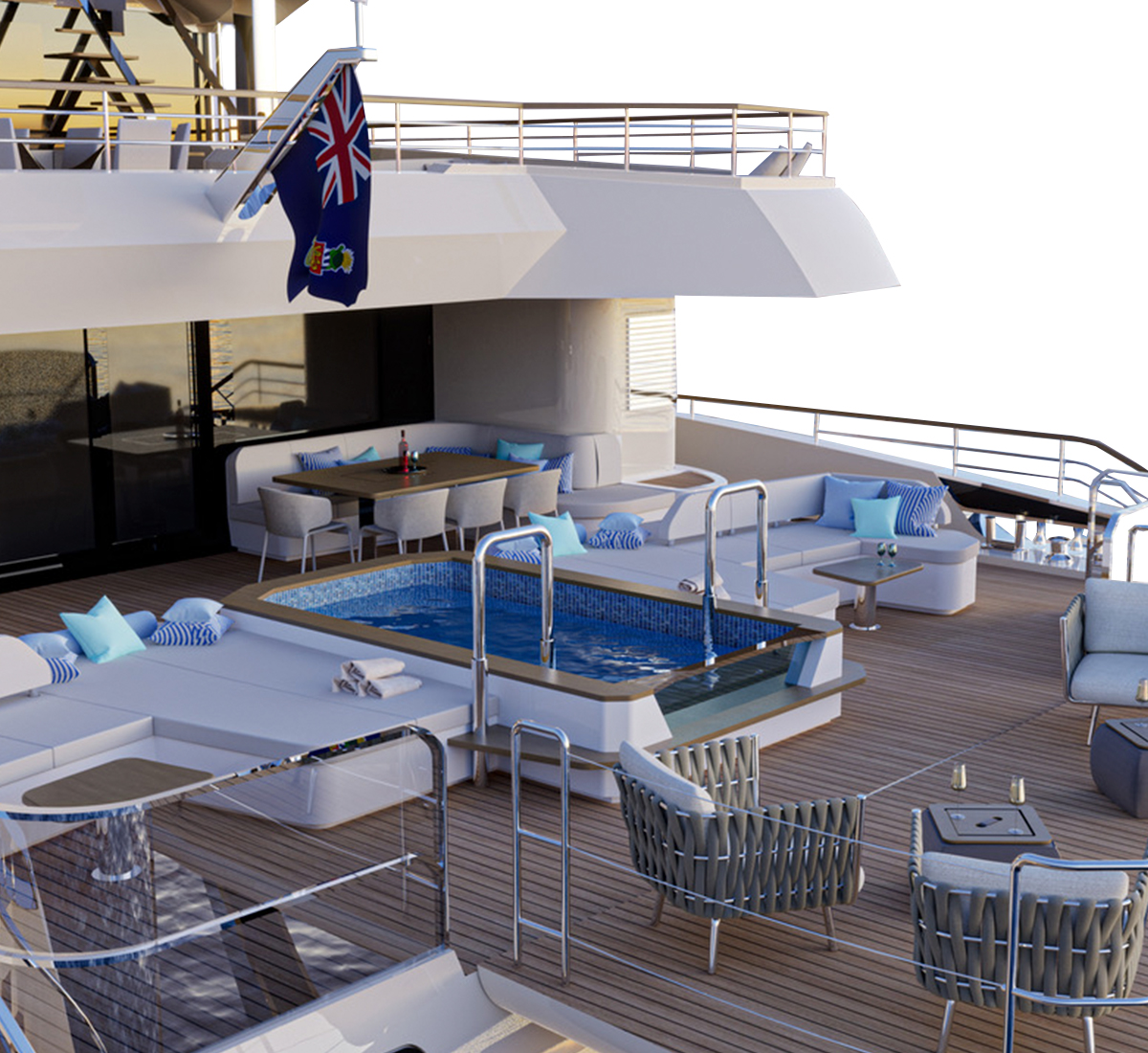 Exterior terrace on the stern of a luxury catamaran