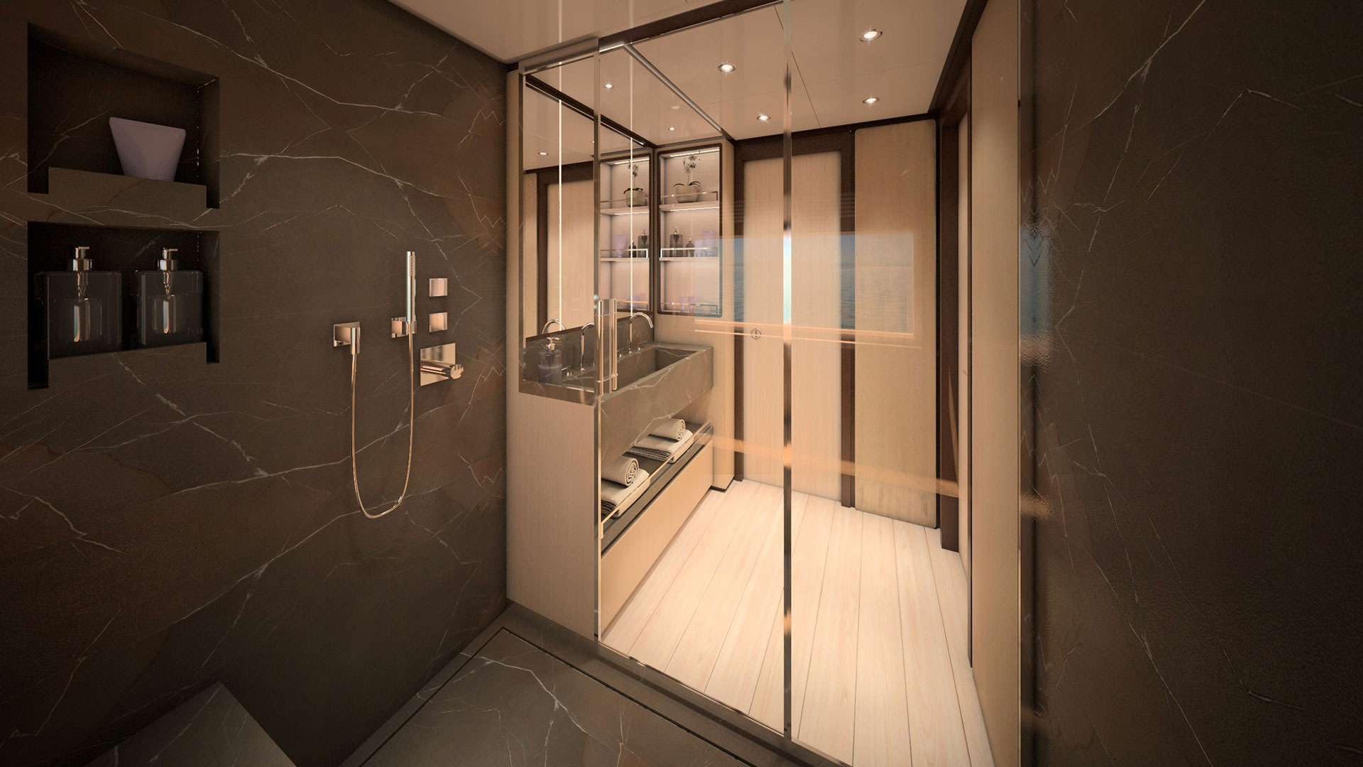 Bathroom with a large shower on a luxury catamaran