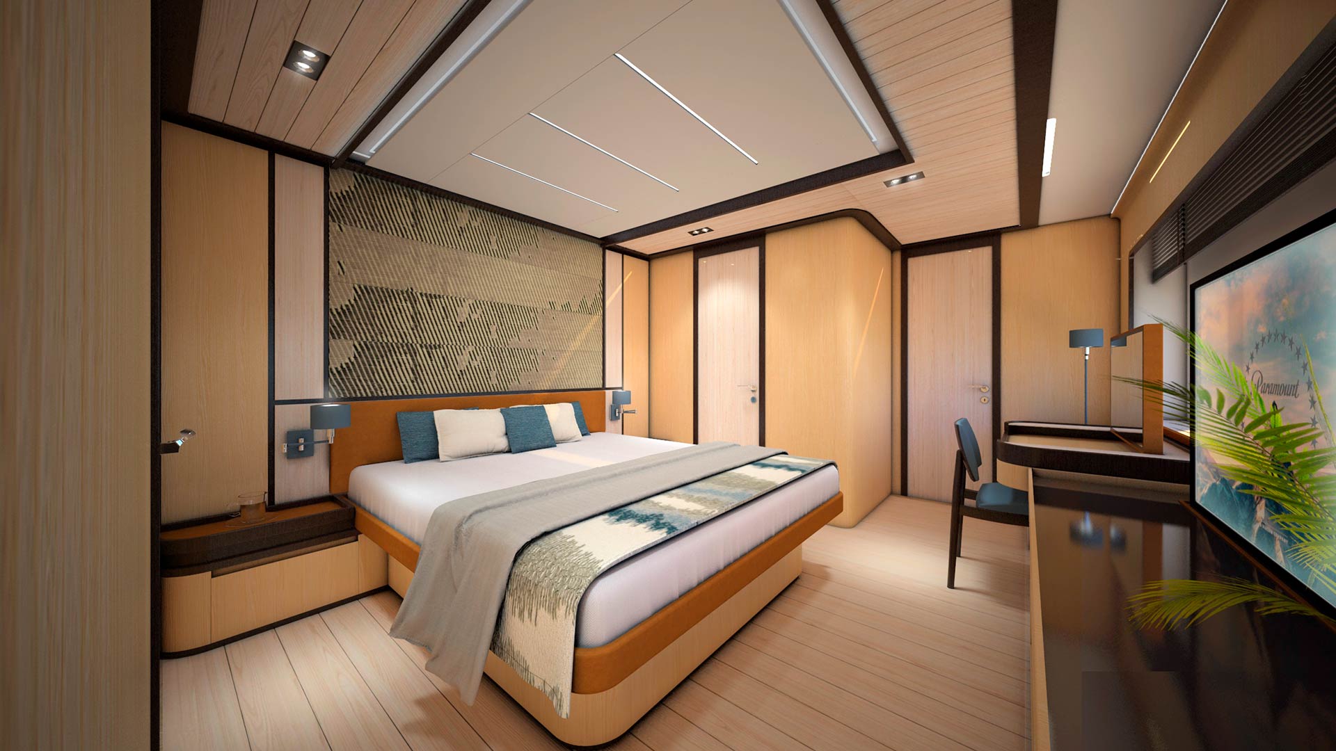 Luxurious bedroom cabin on a eco-friendly yacht