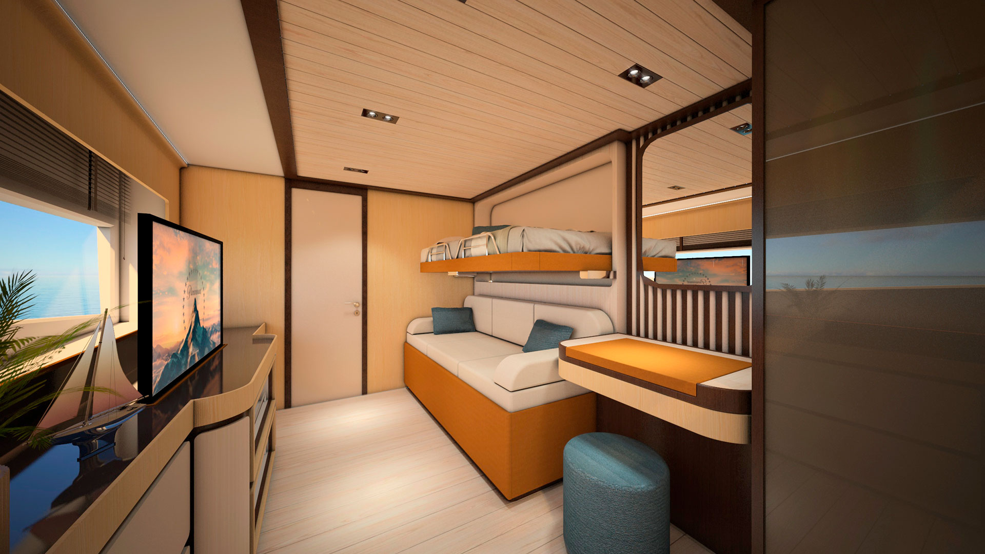 Cabin with bunk beds on a luxurious yacht