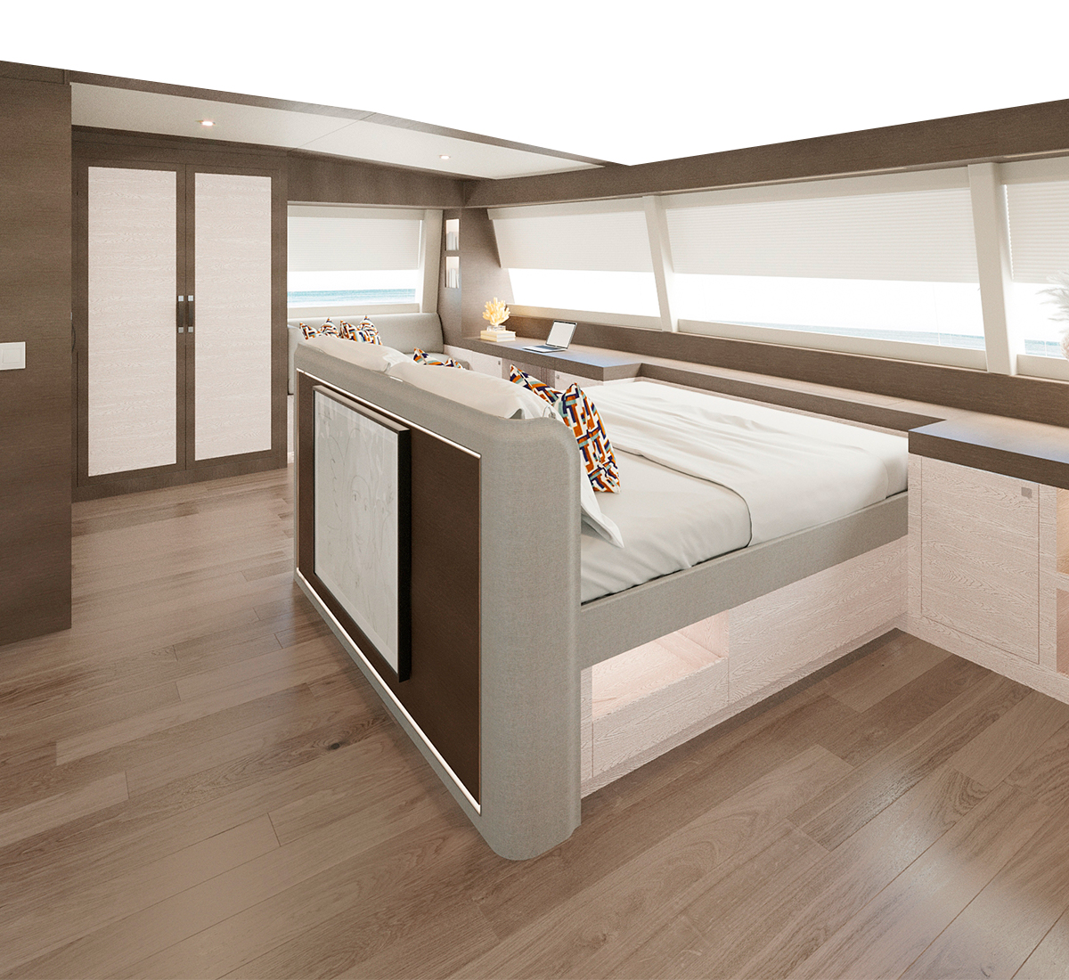 Master bedroom on the upper deck of a boat