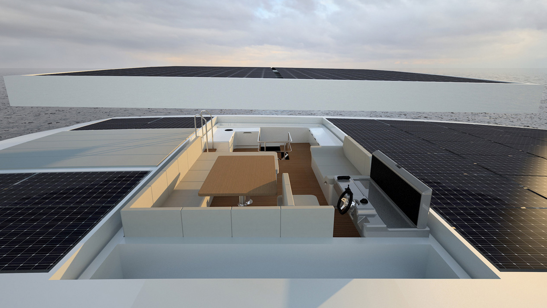 Solar panels on the flybridge and roof of a silent catamaran
