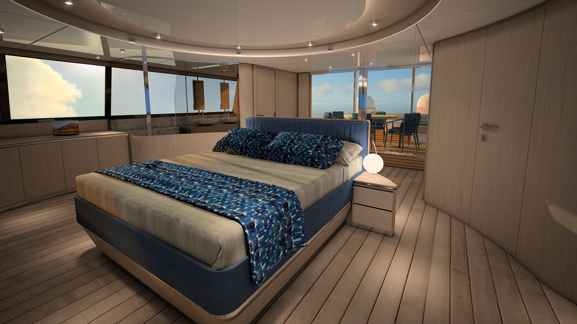 Owner’s suite on the 3rd deck in blue colors