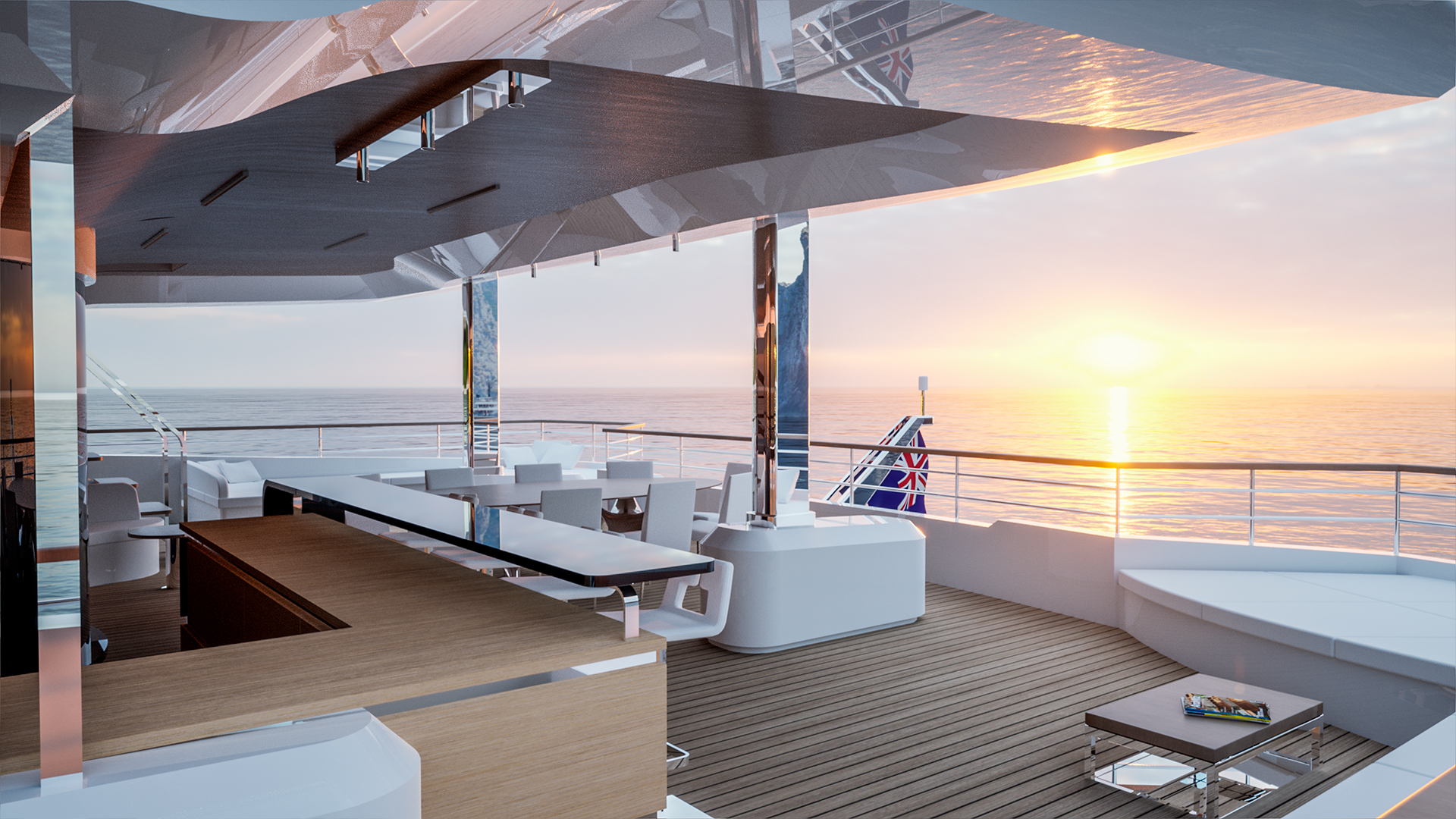 Outdoor terrace of a yacht with the sunset in the background