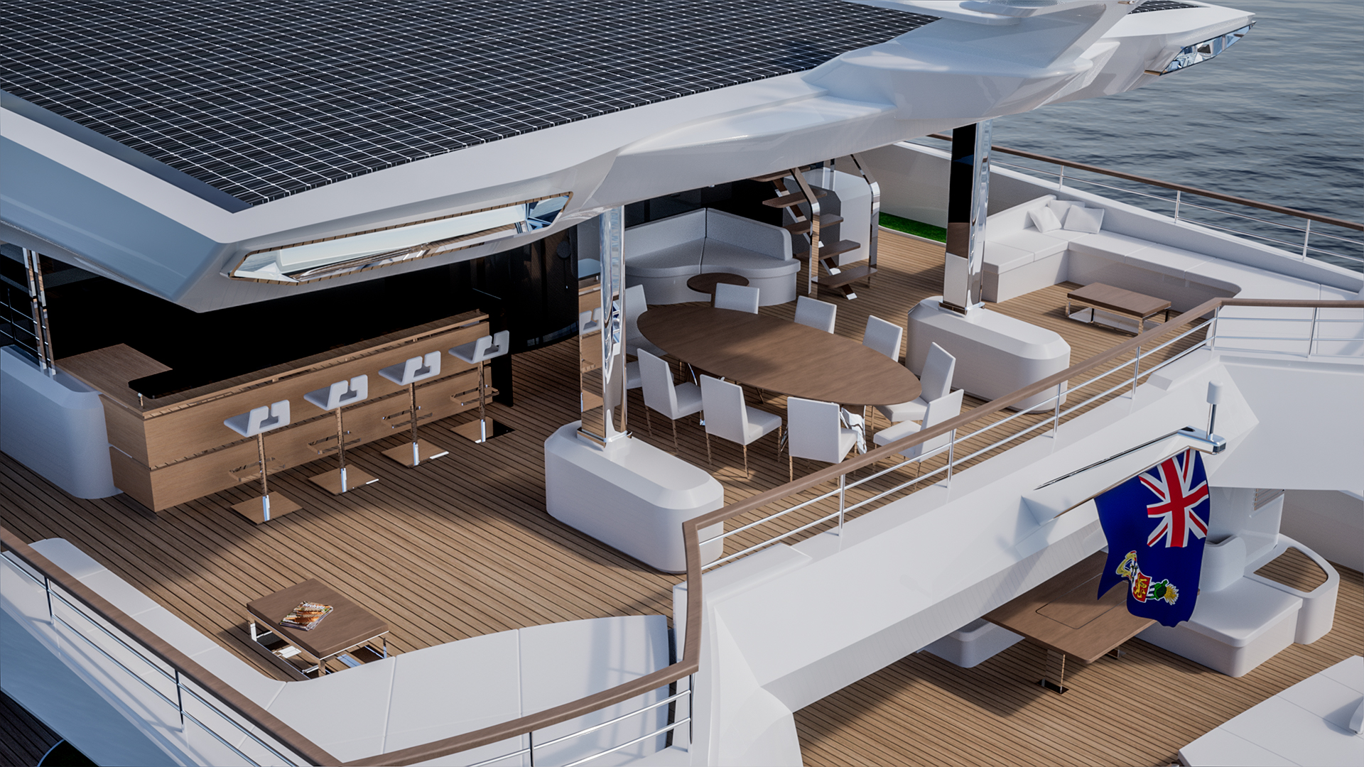 Exterior terrace on the second deck of a yacht