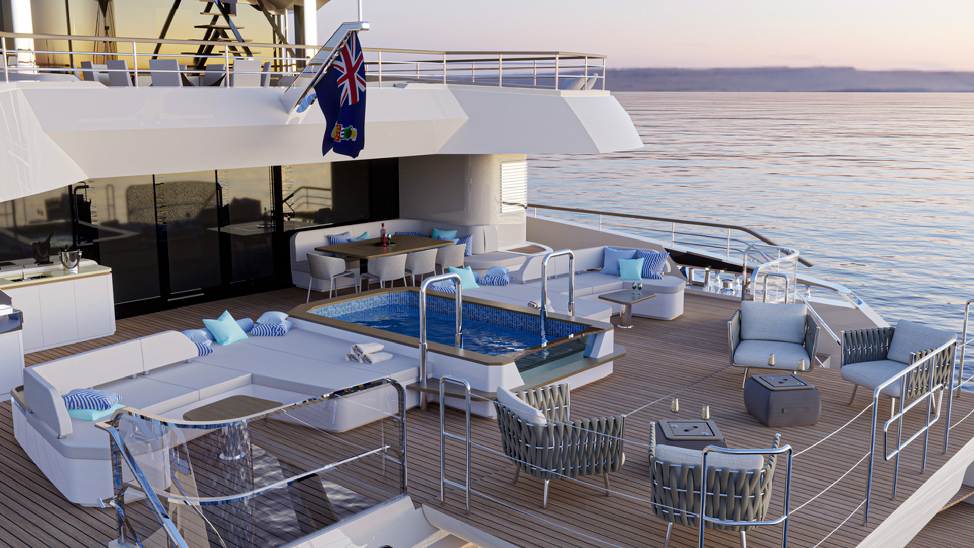 Terrace on the main deck of a yacht with a jacuzzi