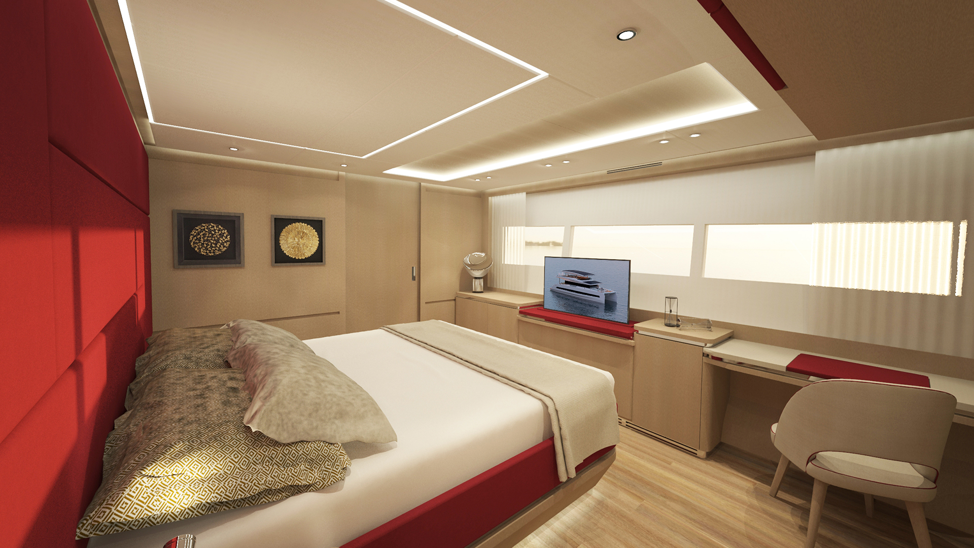 Main cabin with television on an electric yacht