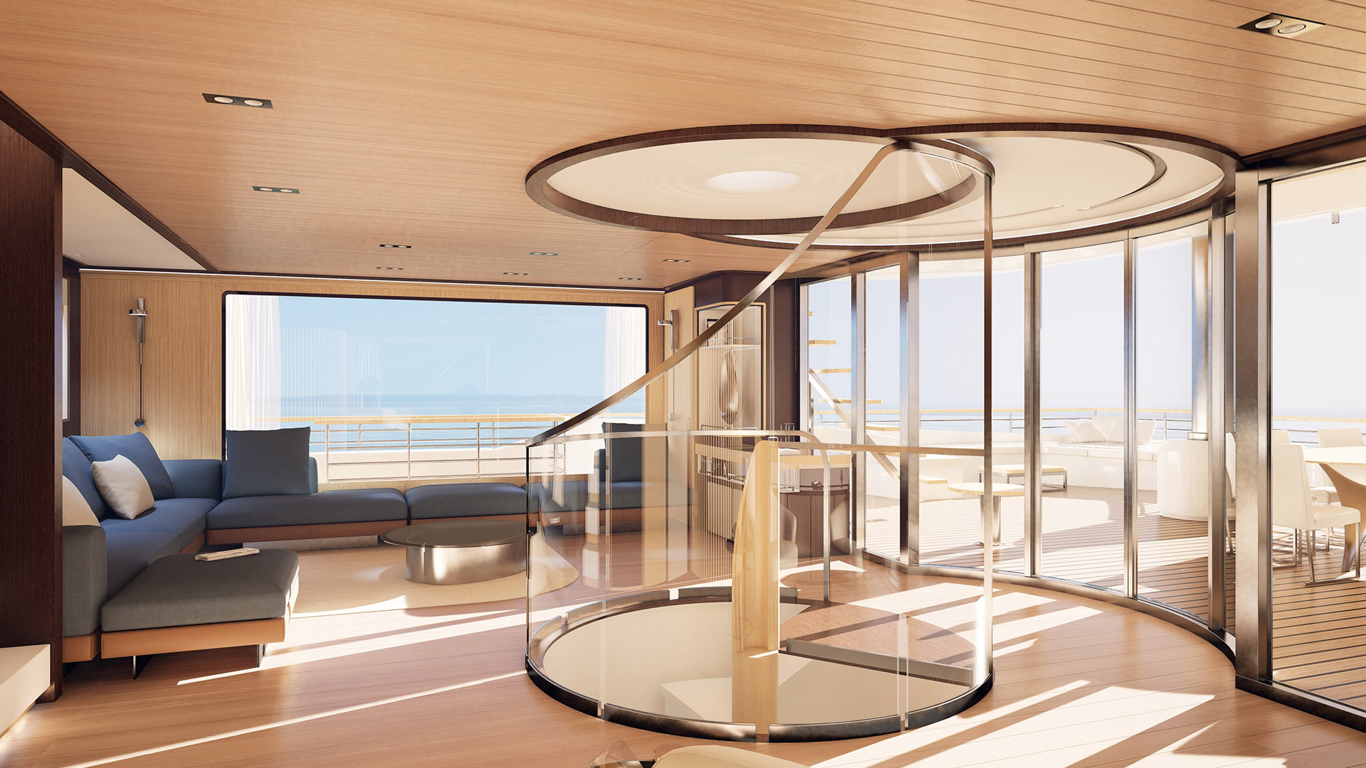 Interior of the upper deck of a luxury yacht with stairs in the middle