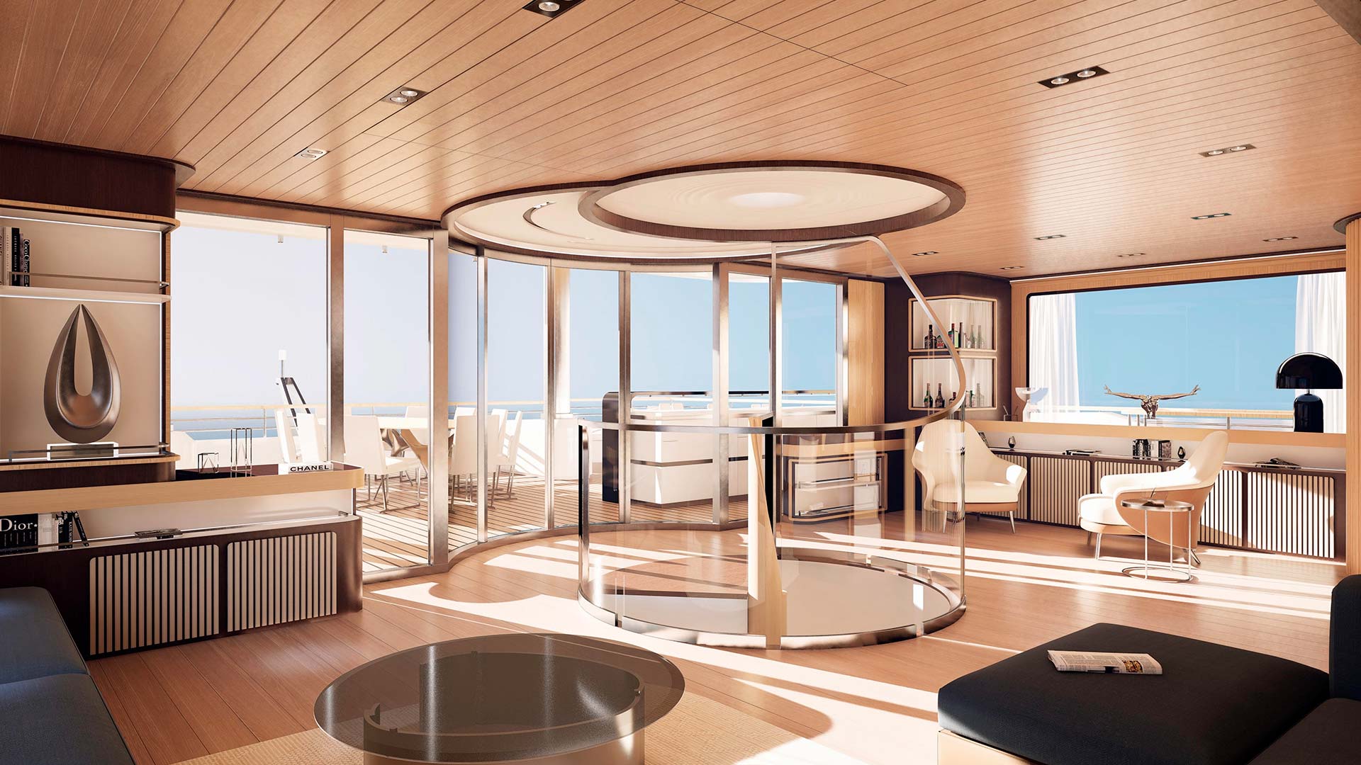 interior of the upper deck of a luxury yacht with stairs in the middle