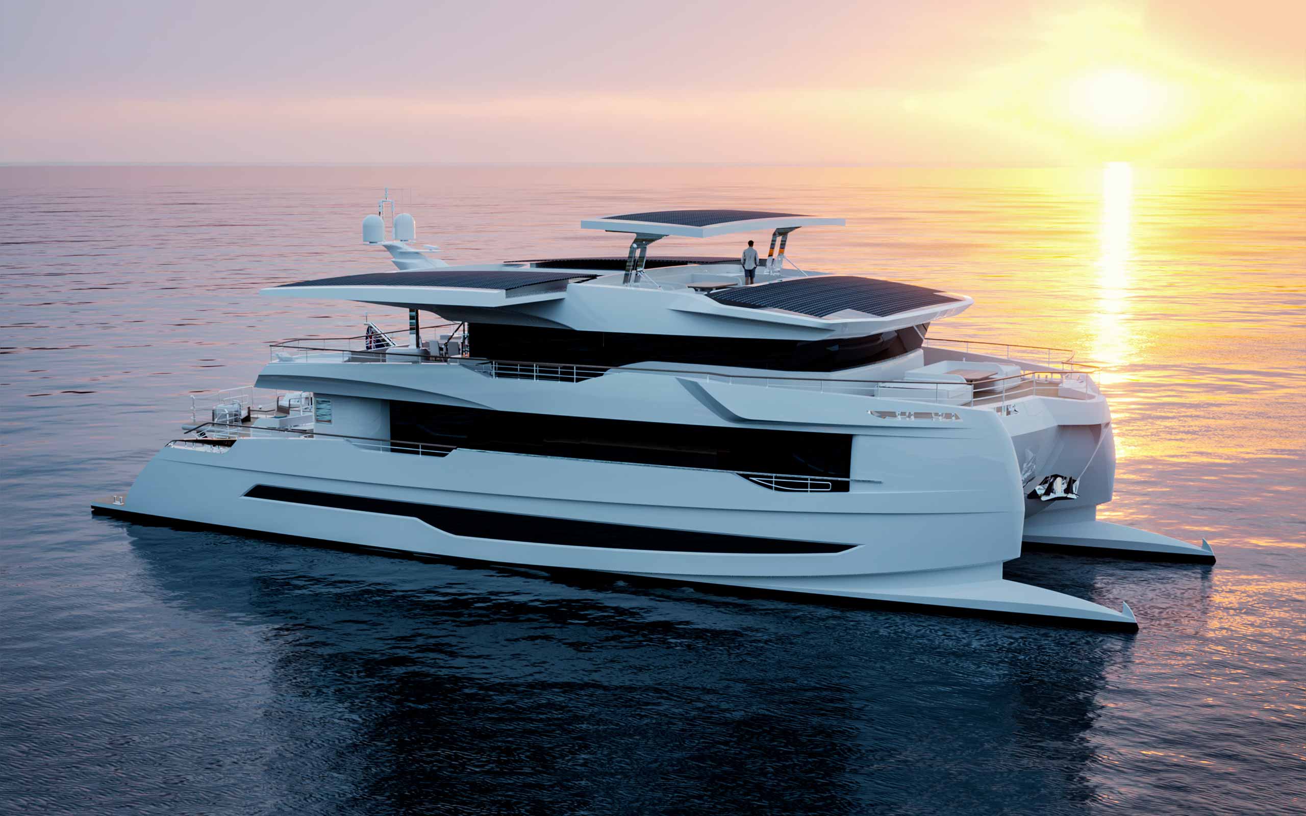 120 ft luxury yacht with solar panels on the roof