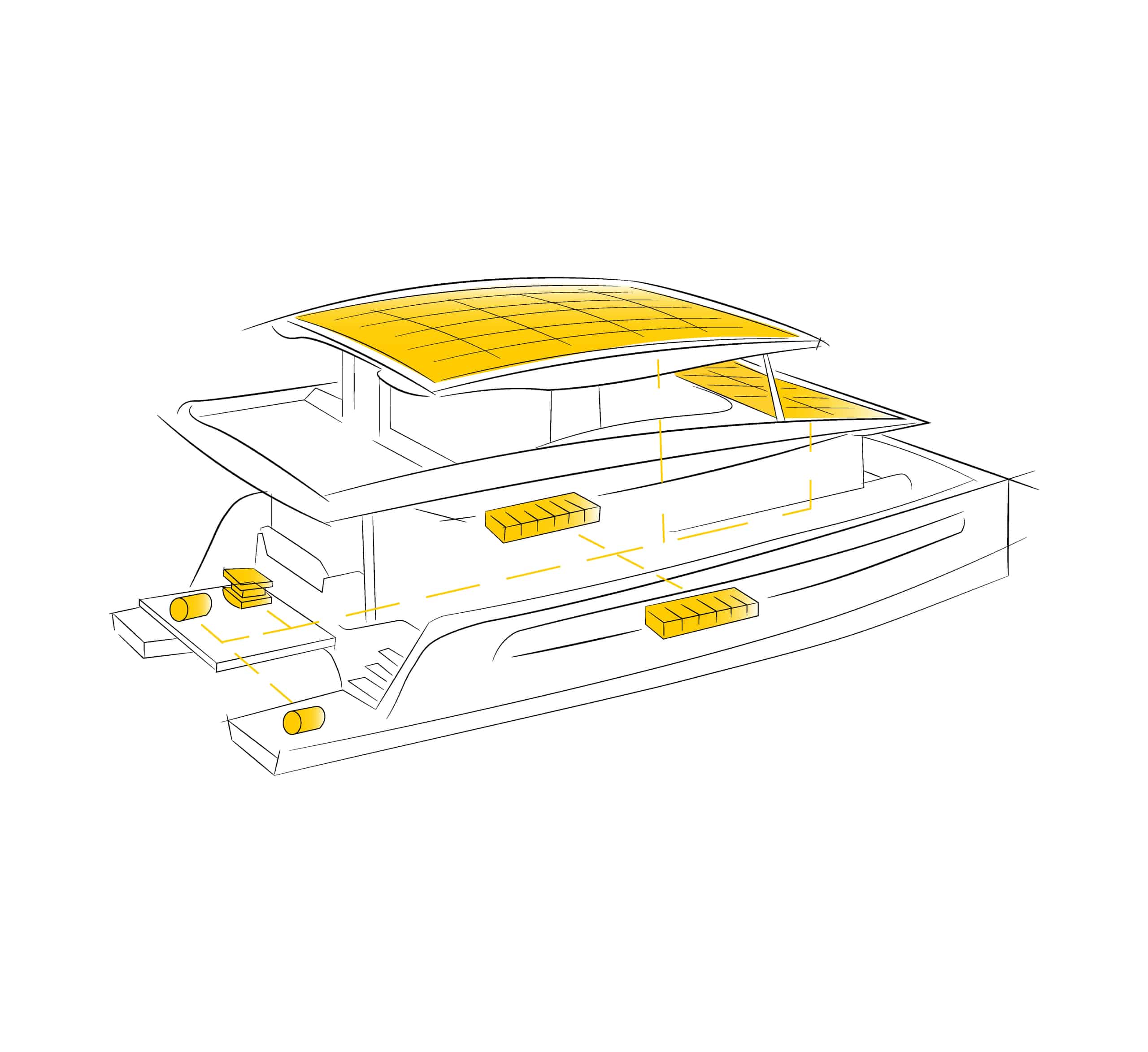 graphic of the connections between solar panels, batteries and motors of an electric yacht