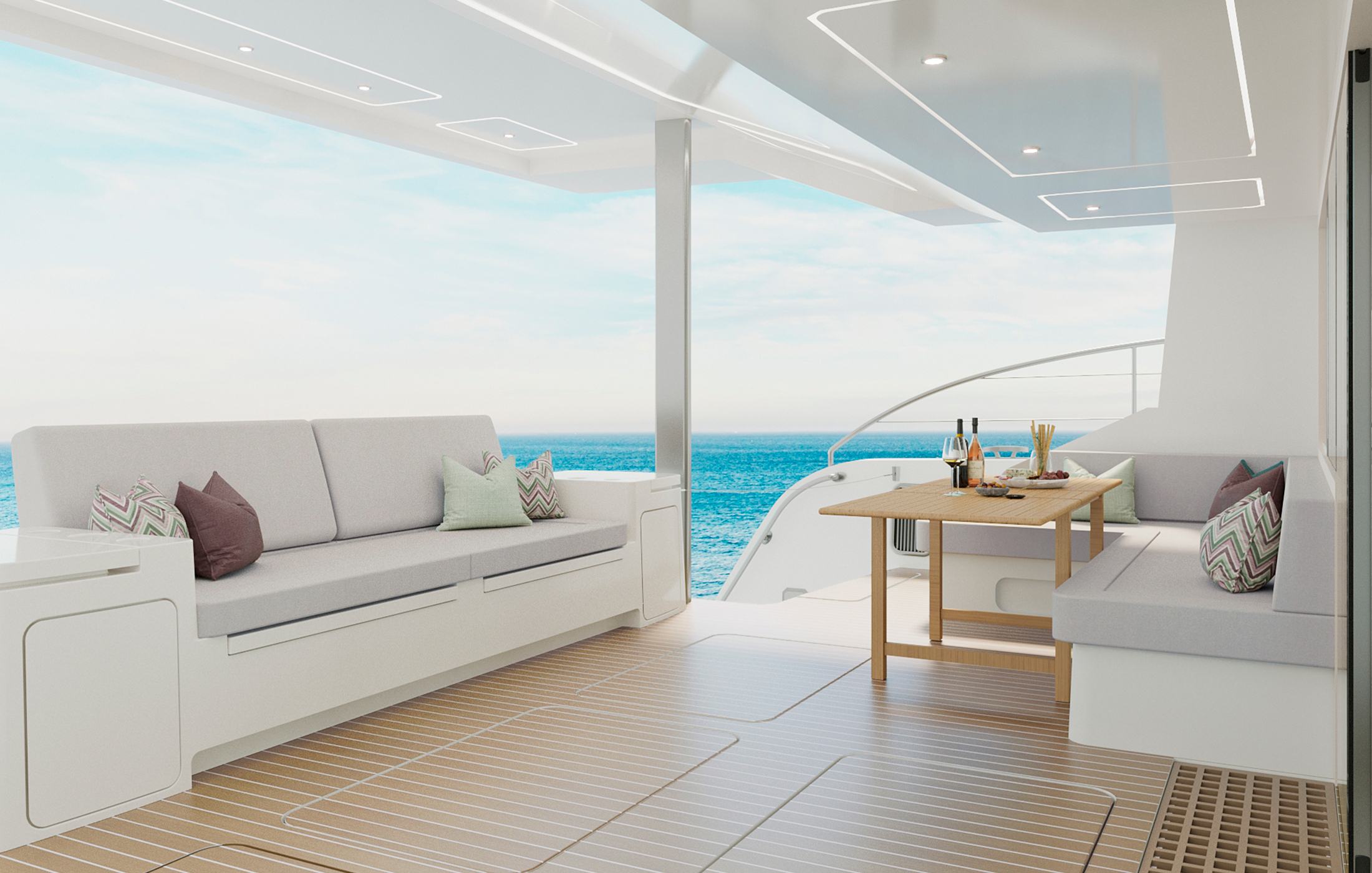 modern lounge in dark tones on the main deck of a catamaran
