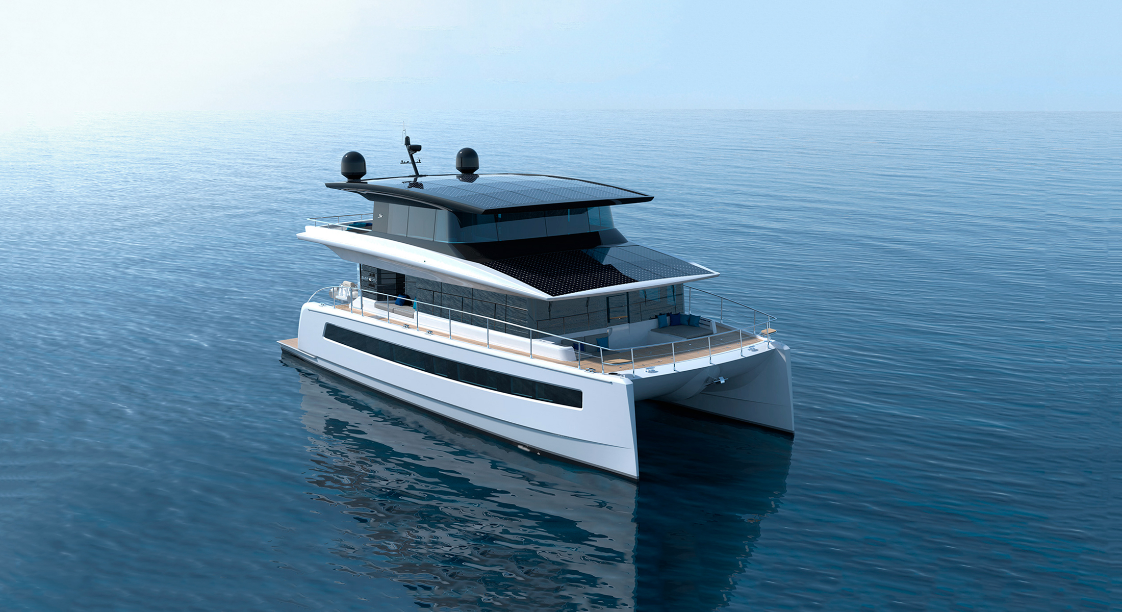3 deck electric catamaran with solar panels on the roof